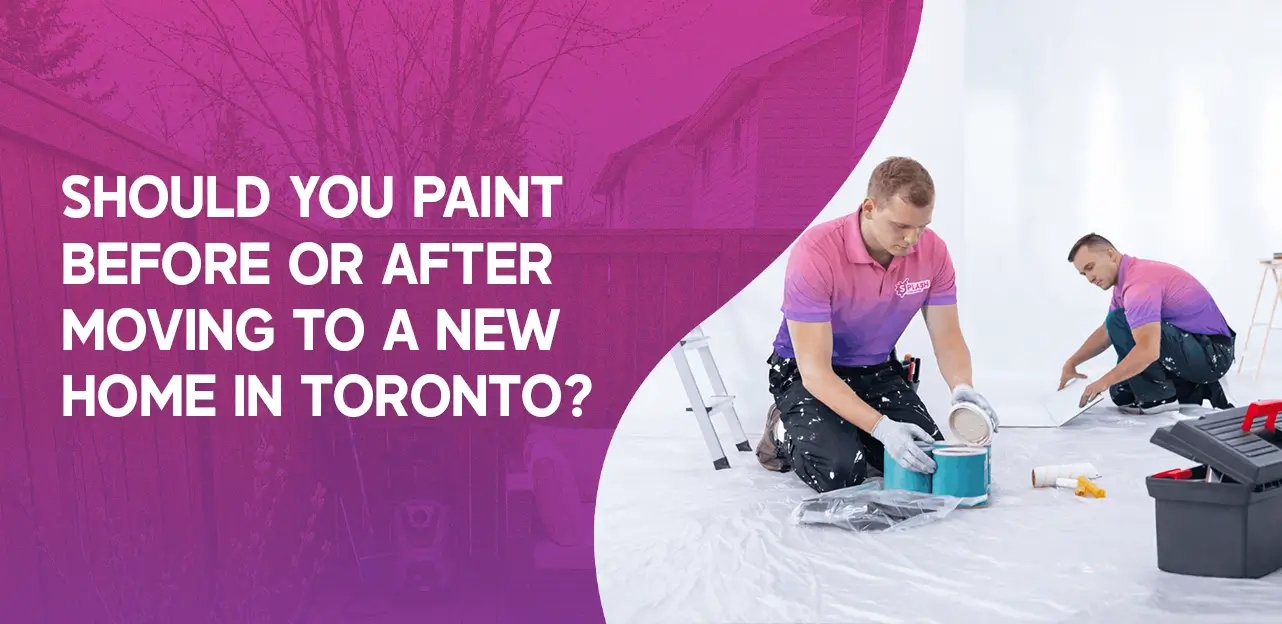 Two painters in matching shirts sit on a floor covered with a protective sheet, preparing blue paint. Text reads, "Should you paint before or after moving to a new home in Toronto?" The scene conveys a sense of teamwork and preparation.