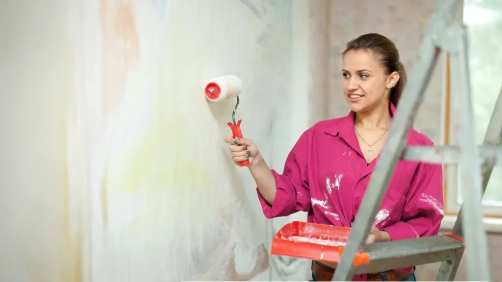 A woman painting a wall with a roller, focused on applying a fresh coat of paint.