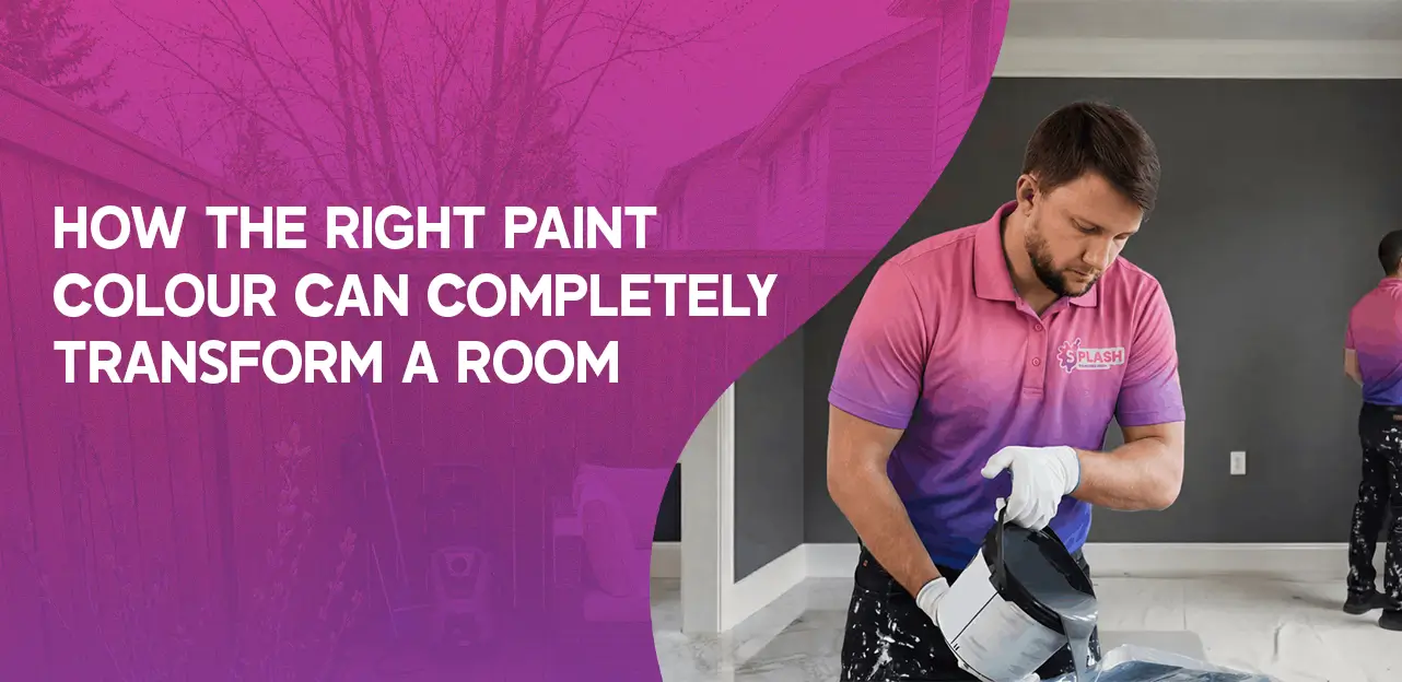 Man in a pink shirt opening paint can in a room, with text overlay "How the right paint colour can completely transform a room" on a purple background.