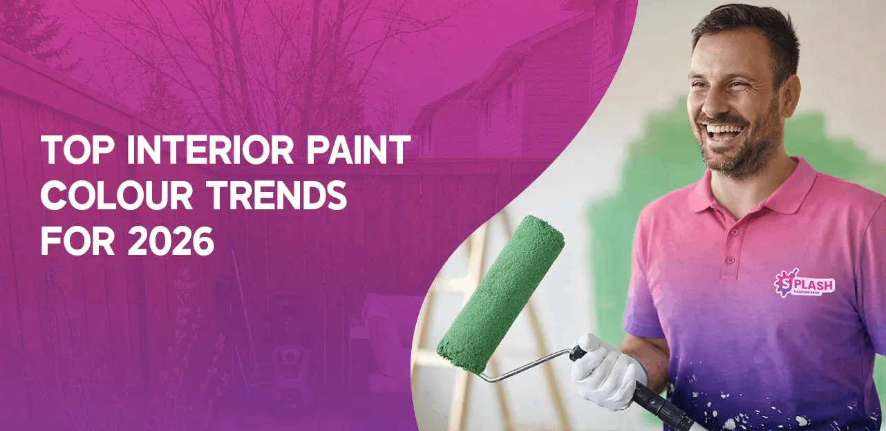 Man in a pink gradient shirt holding a paint roller with green paint, smiling. Text reads "Top Interior Paint Colour Trends for 2026" on pink background.