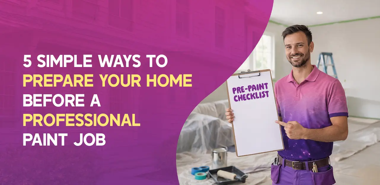 Infographic listing 5 tips for preparing your home for a professional paint job, featuring icons and brief descriptions.