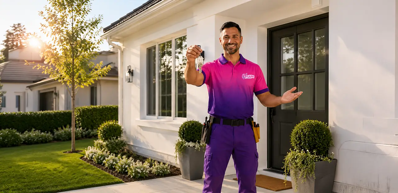 A man in a purple shirt stands in front of a house, smiling and looking towards the camera.