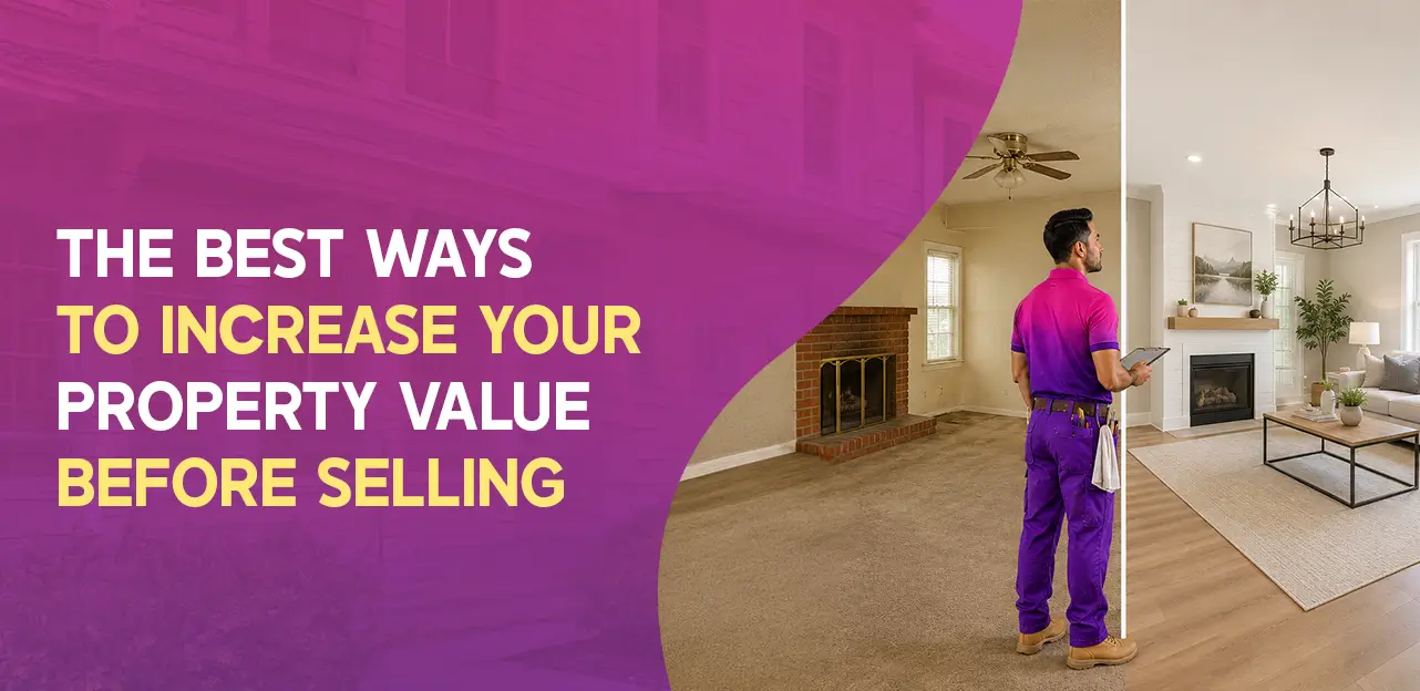 Infographic outlining effective strategies to boost property value before selling, featuring tips and visual elements.