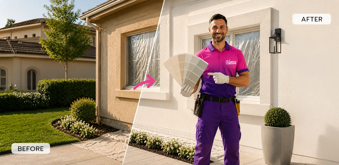 A man wearing purple and pink stands in front of a house, smiling and looking towards the camera